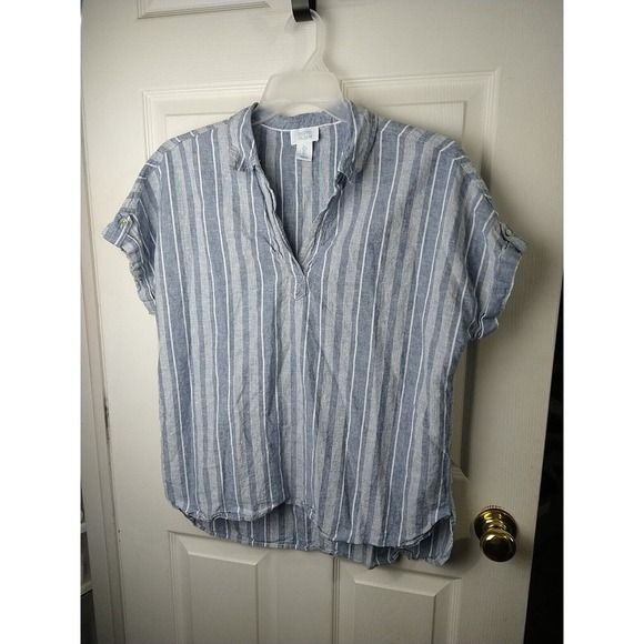 White Tops - Sigrid Olsen Blue White Stripes Linen V Neck Cuff Tab Sleeves. Size L